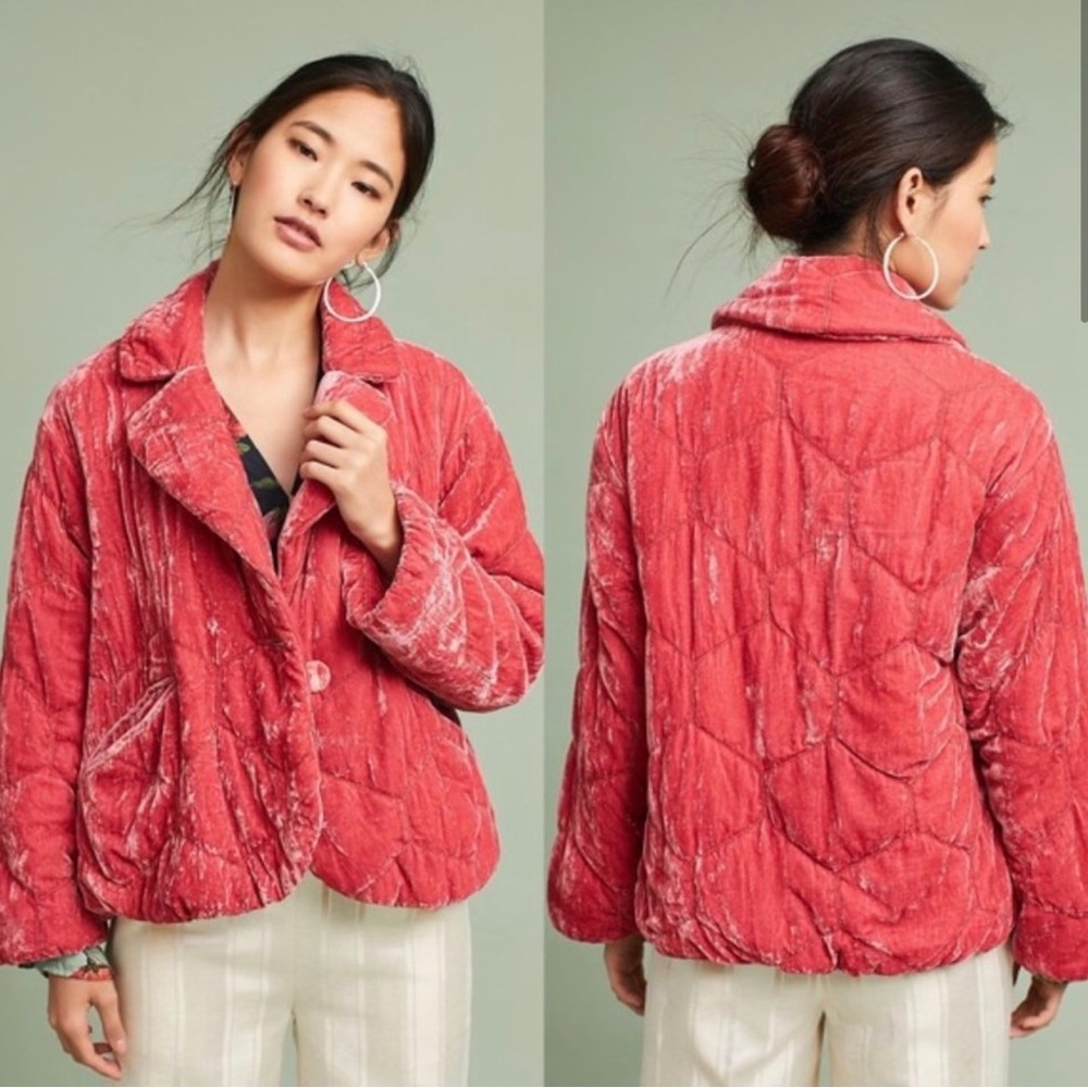 Anthropologie quilted velvet pink puffer jacket